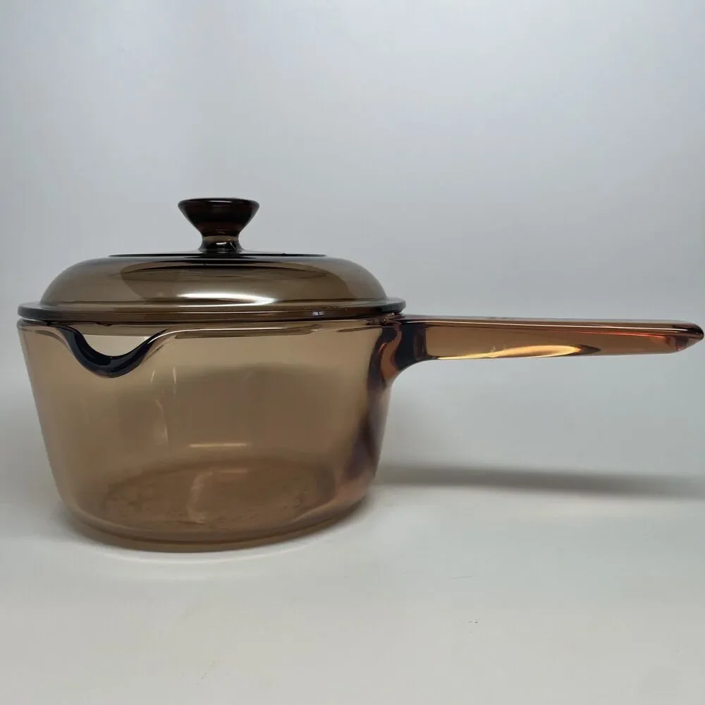 Vintage Amber Glass Saucepan w Lid 1–2 Qt Corning Vision Style Retro GUC READ